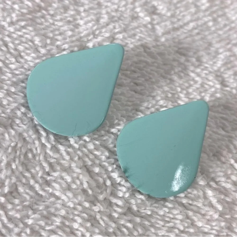 Vintage Light blue Painted Metal Teardrop Shaped Clip On Earrings